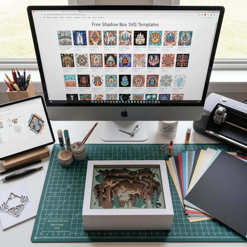 Collection of free printable shadow box templates from various online sources including template files and preview images