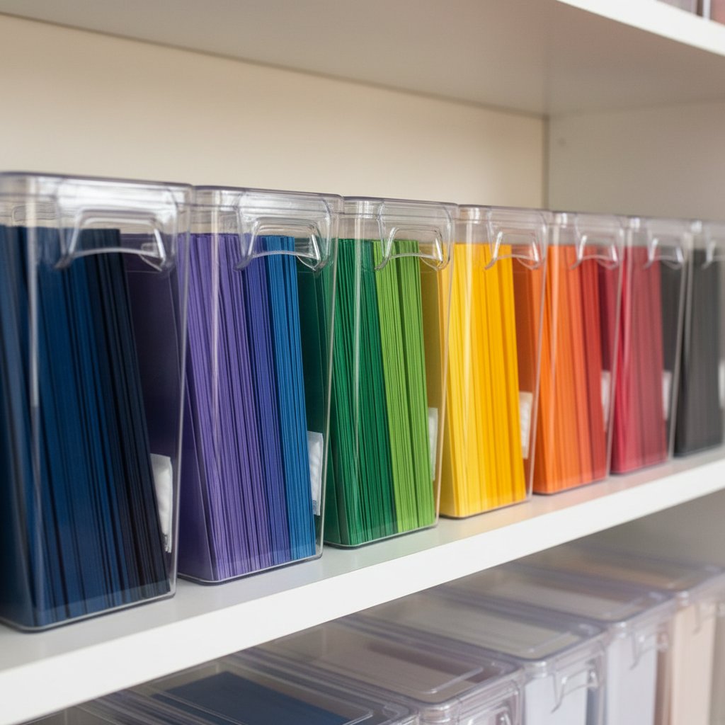 Cardstock organized by color in clear airtight storage bins with sealed lids and silica gel packets on a craft room shelf