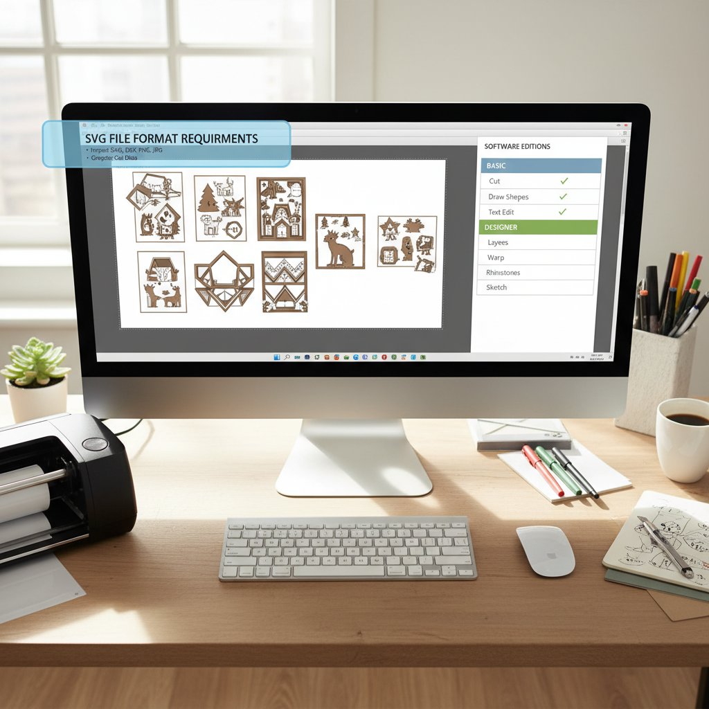 Silhouette Studio Designer Edition displaying SVG file format requirements and shadow box templates