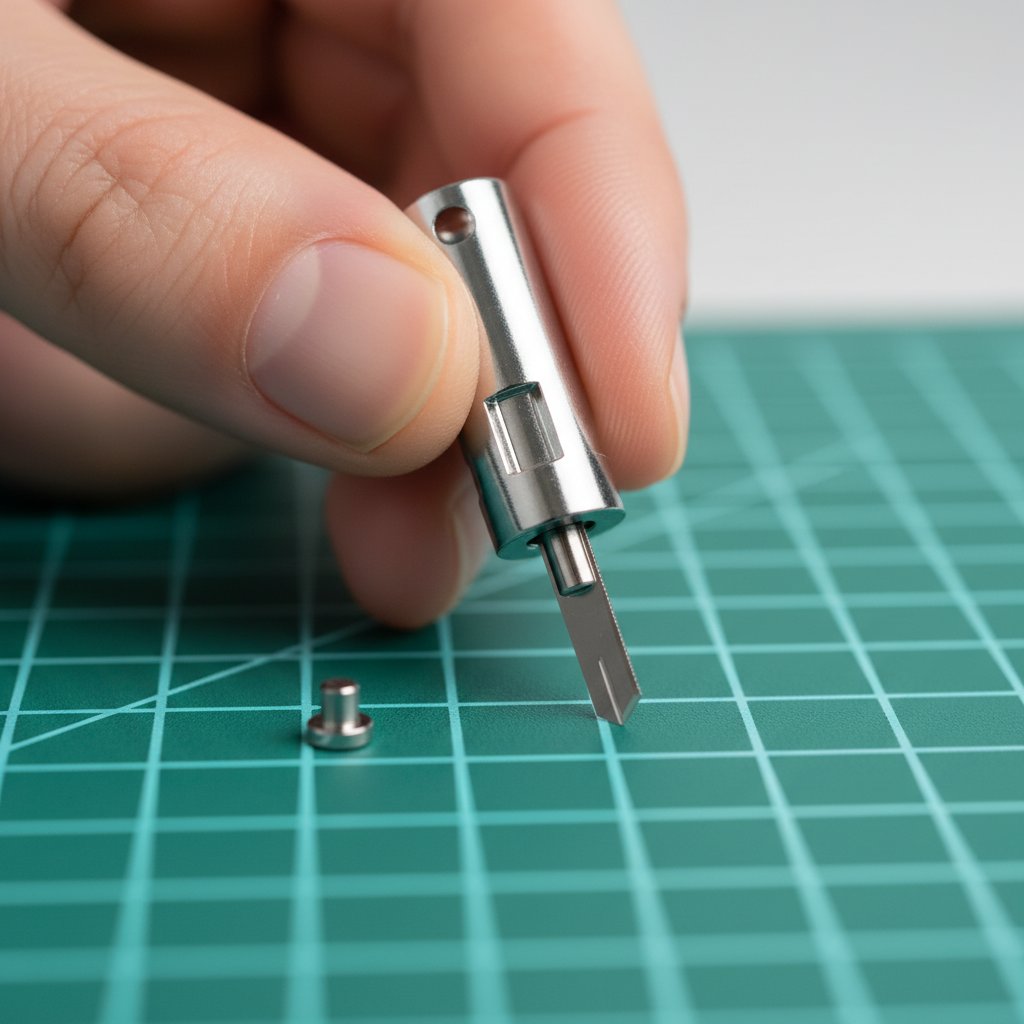 Close-up of a Cricut fine-point cutting blade housing held above a green cutting mat