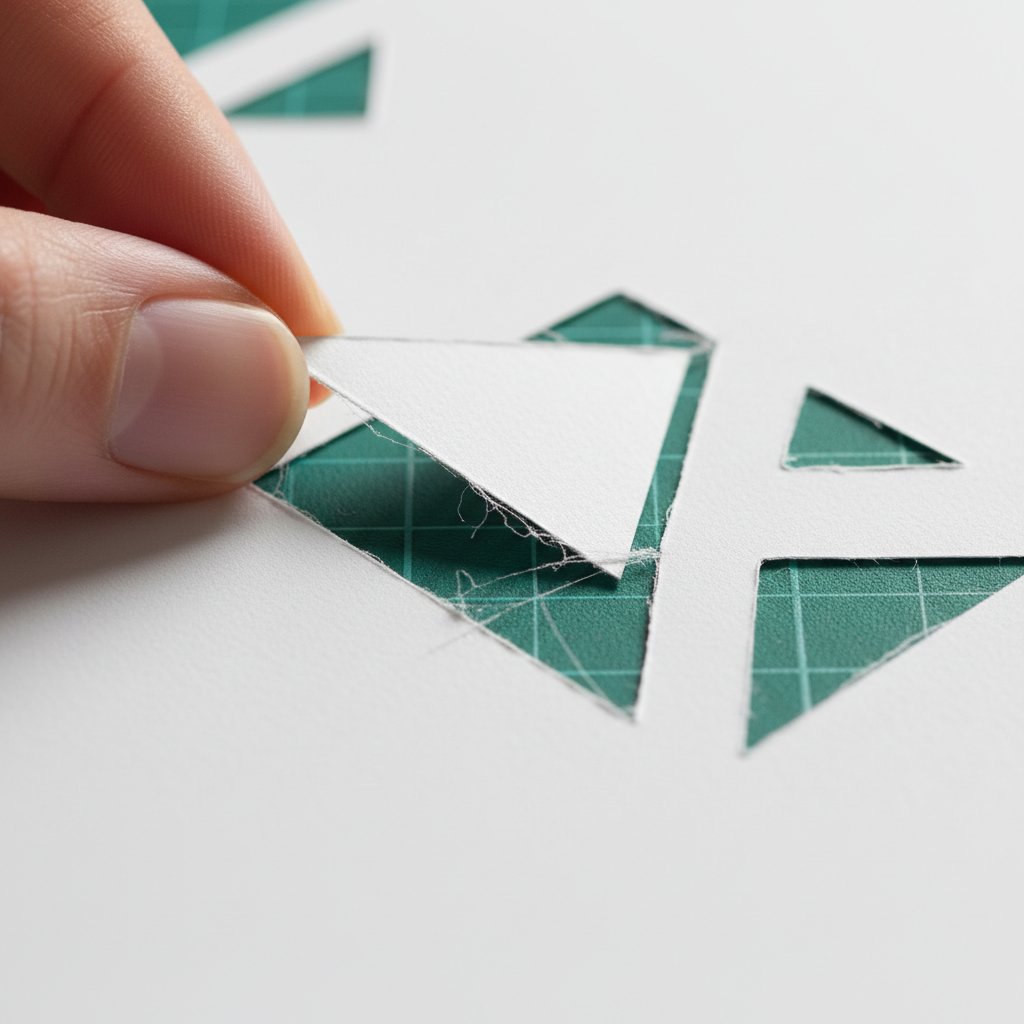 Close-up of a cardstock layer on a cutting mat with an incomplete cut where paper fibers still connect the pieces