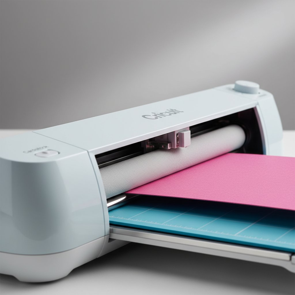 Close-up of a Cricut machine loading a cutting mat with colored cardstock ready to cut