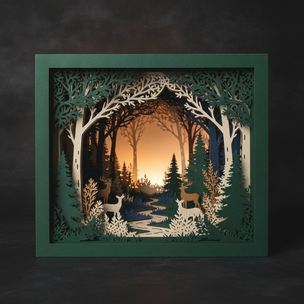 An illuminated layered paper cut shadow box of cardstock layers with foam spacers and warm LED backlighting creating a glowing forest scene