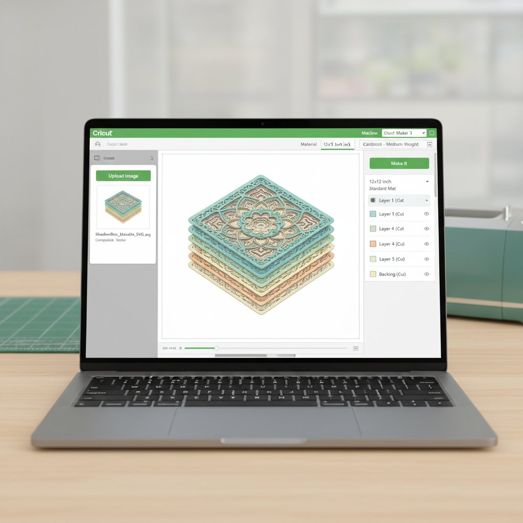 Cricut Design Space interface showing shadow box template being imported and prepared for cutting