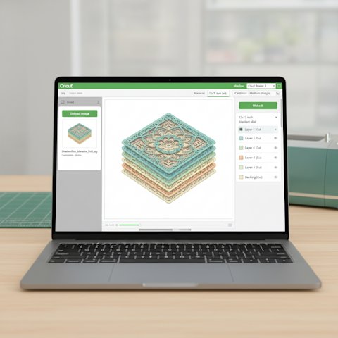 Cricut Design Space interface showing shadow box template being imported and prepared for cutting