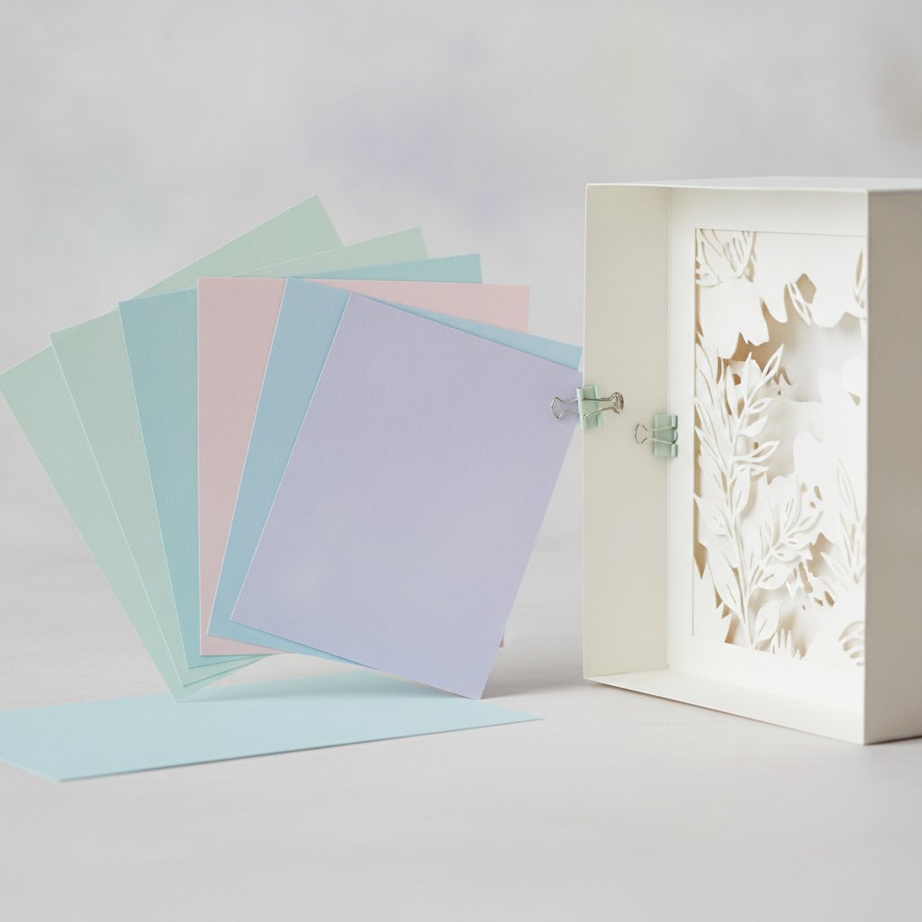 A fanned stack of soft pastel cardstock sheets beside a partly assembled papercut shadow box showing welded layered shapes