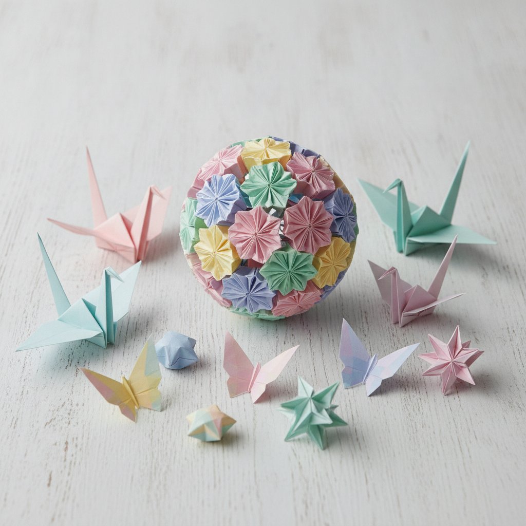 Origami paper pieces arranged for shadow box display showing folded crane and geometric elements