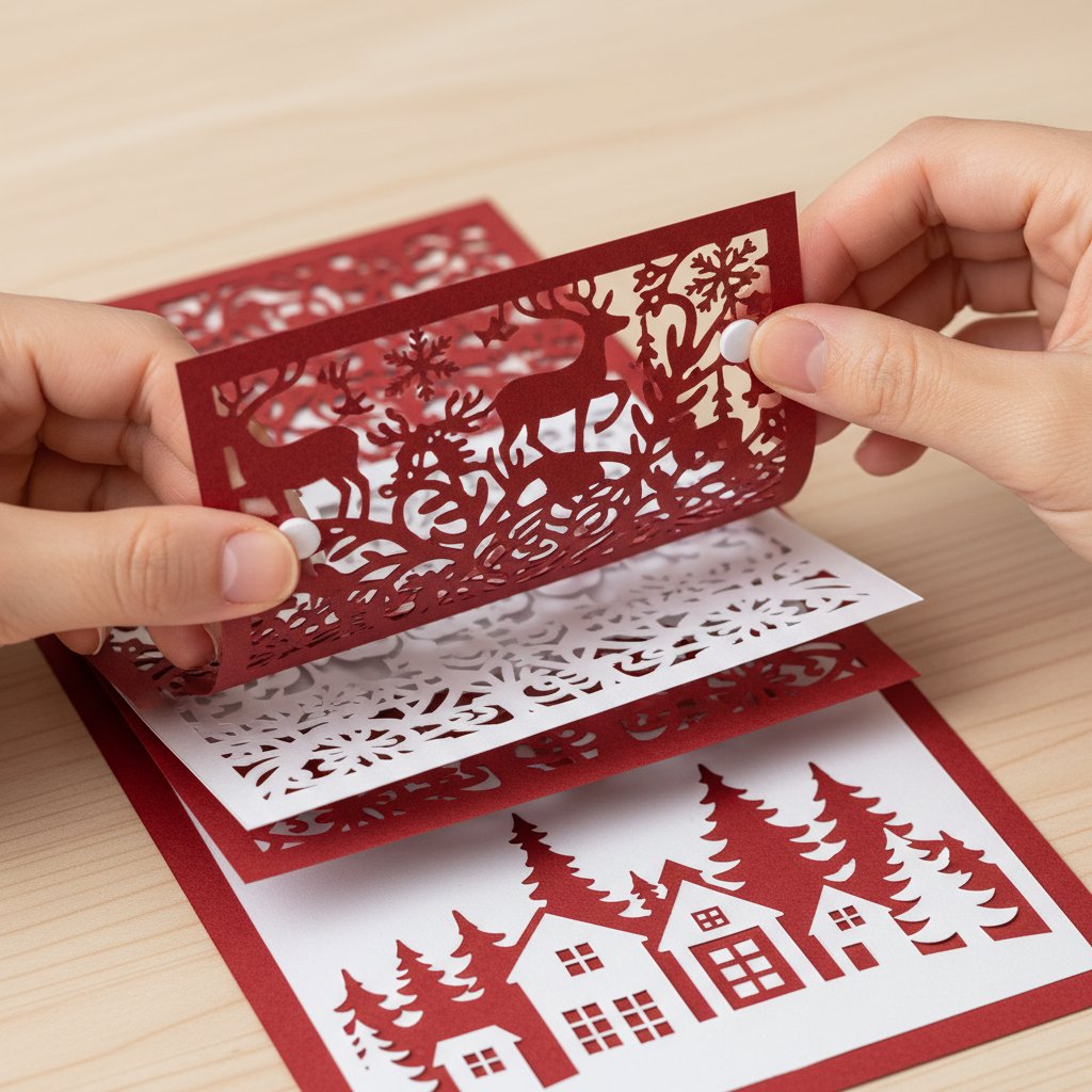 Hands adding foam adhesive dots between layers of a Christmas paper-cut shadow box