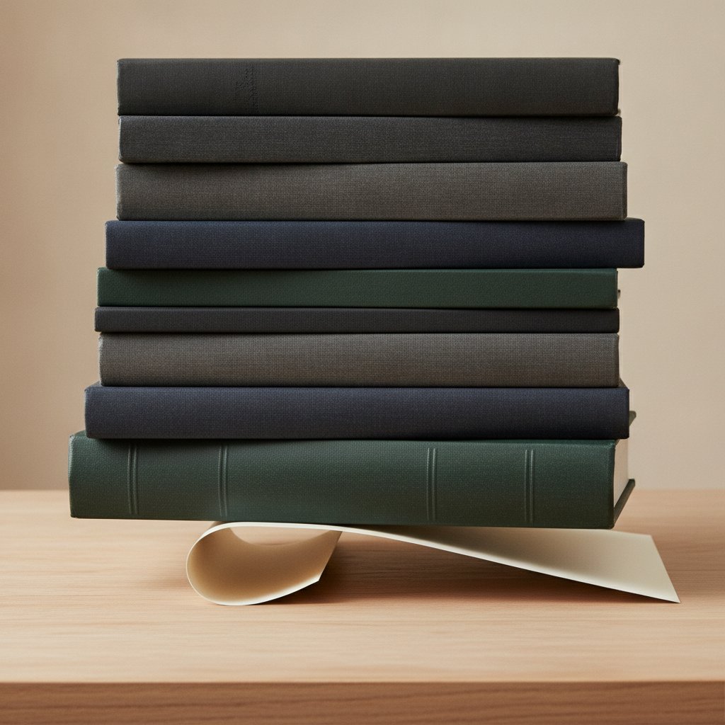 A curled sheet of cardstock being flattened under a neat stack of heavy hardcover books on a table