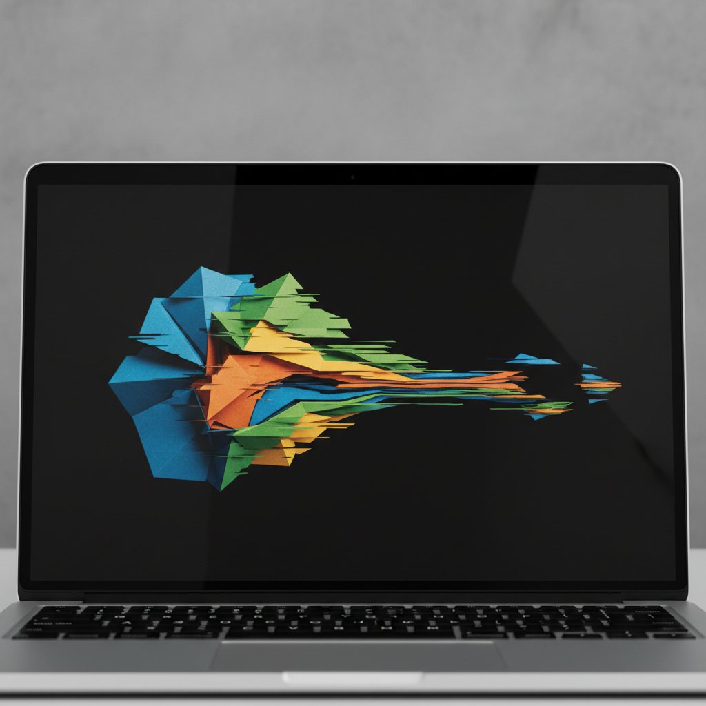 A laptop screen showing a colorful abstract paper-craft shape stretched and distorted out of proportion on a dark canvas