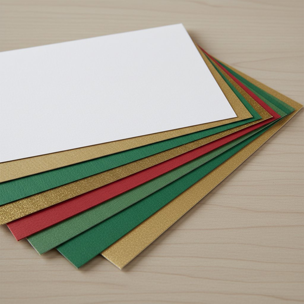 Fanned stack of different weight Christmas cardstock sheets in red green white and gold