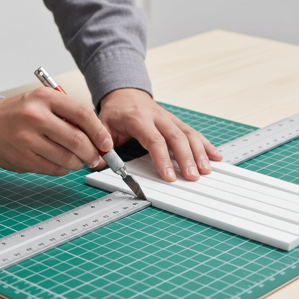 A hand cutting uniform foam board spacer strips with a craft knife along a metal ruler on a cutting mat