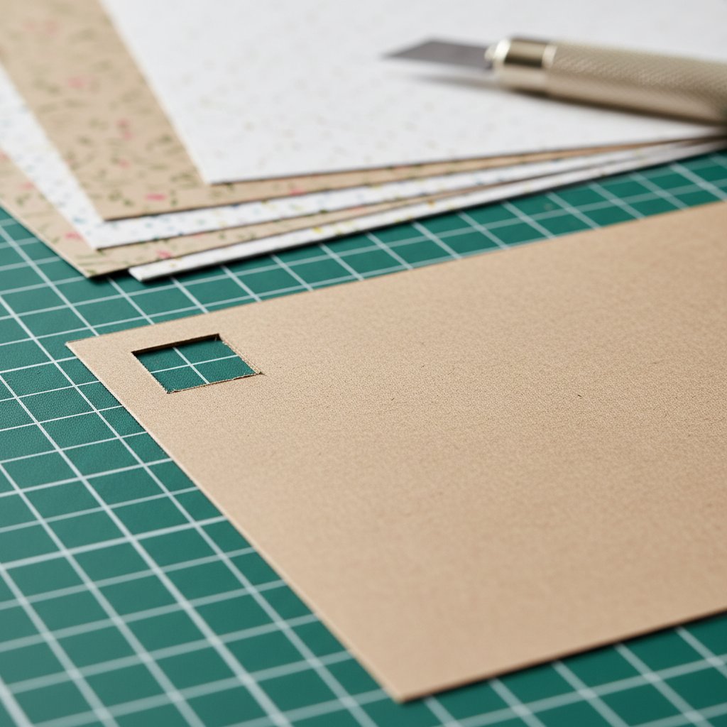Small test-cut square cut into a corner of scrap cardstock on a cutting mat before a full project