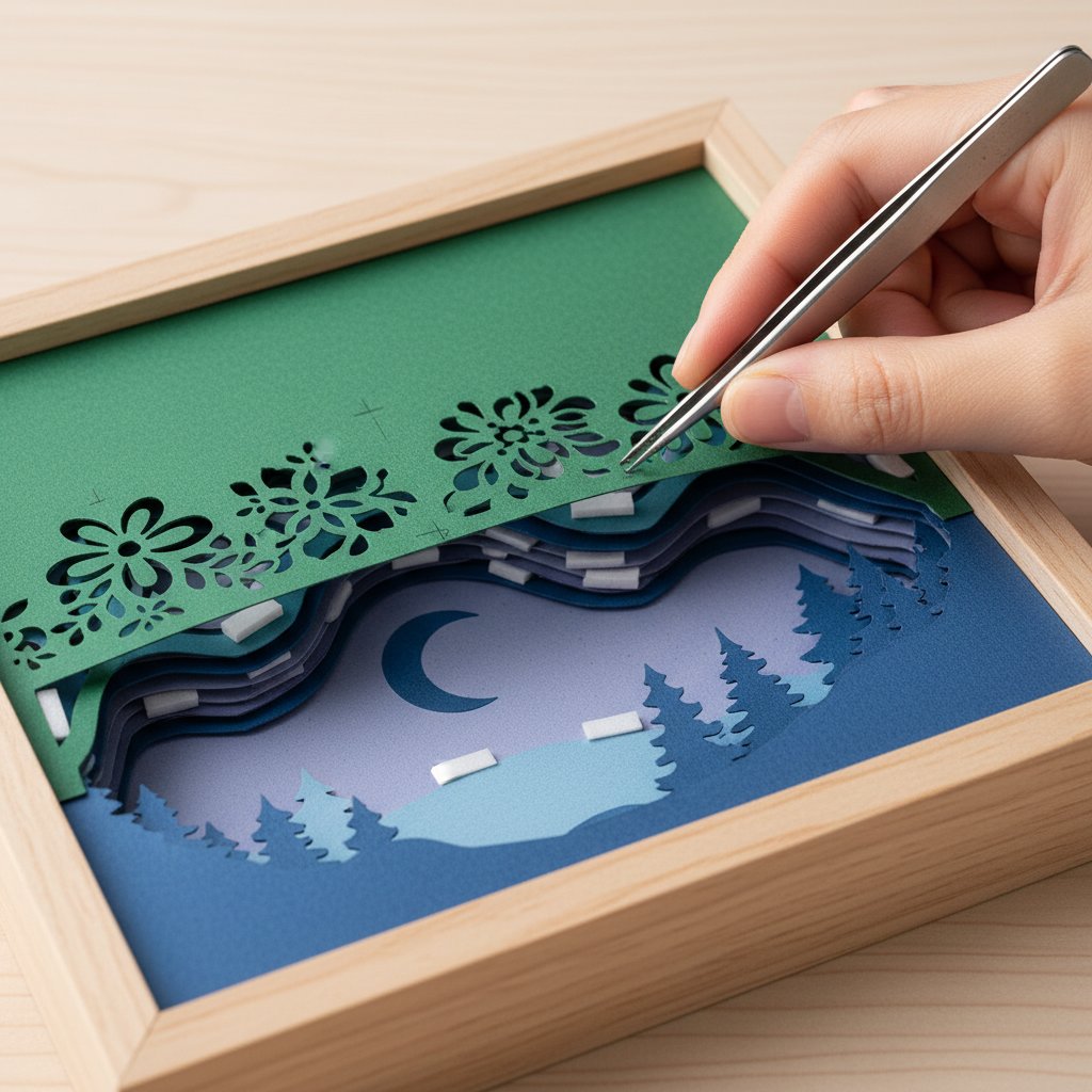 Aligning layered paper-cut shadow box layers with foam tape spacers and registration marks