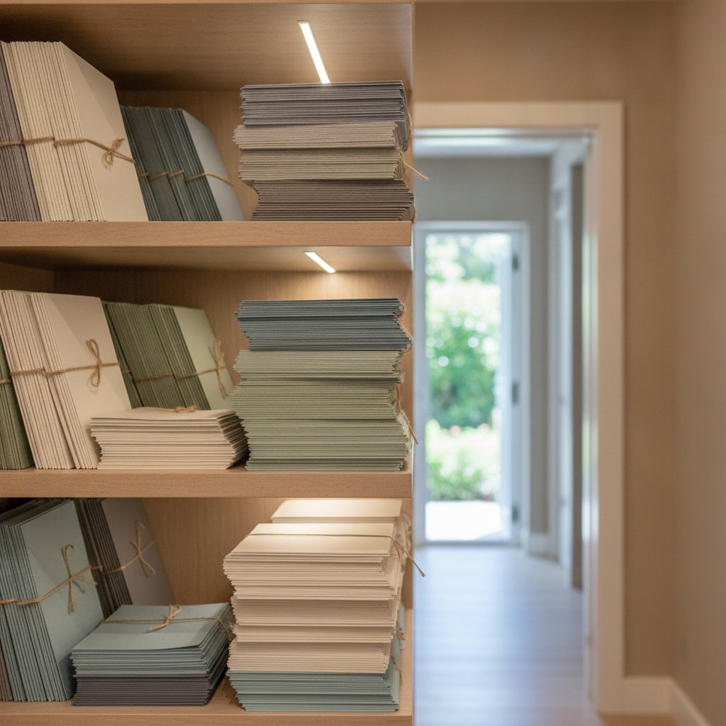Neatly stored stacks of cardstock on a wooden shelf inside a dim interior closet away from a bright sunlit window