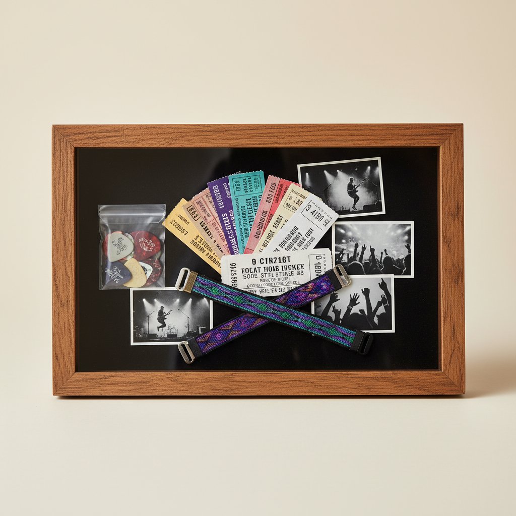 Concert and music memorabilia shadow box with ticket stubs guitar picks wristbands and photos