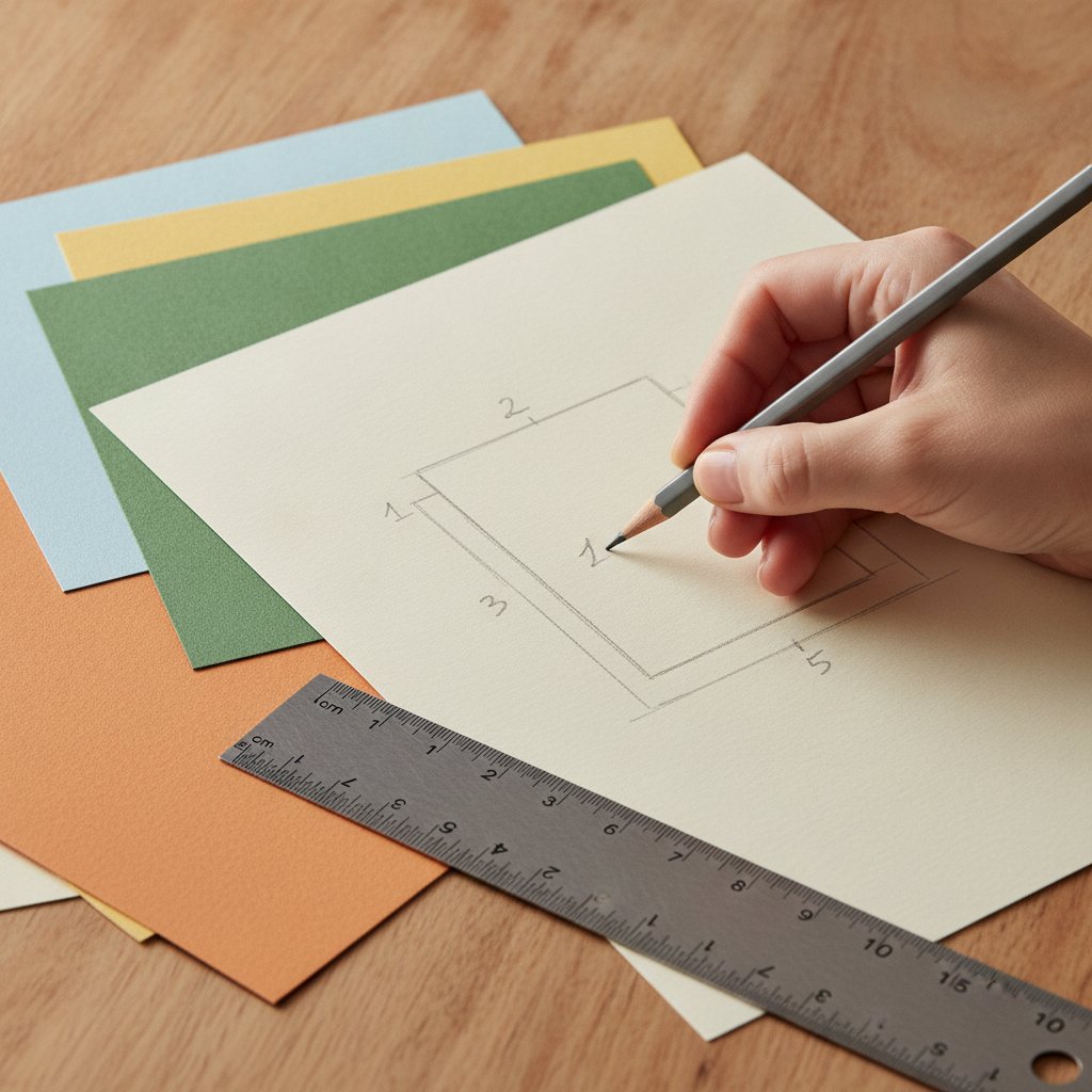 A hand sketching a numbered layer-stack layout plan with a pencil beside sheets of cardstock and a ruler