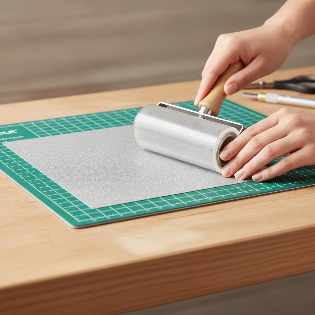 Crafter using a brayer roller to press glitter cardstock evenly onto a cutting mat on a workbench