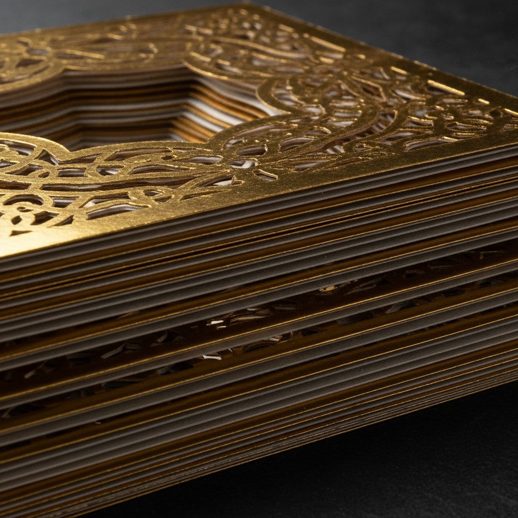 A layered shadow box of stacked metallic gold and pearl cardstock layers with reflective intricate cutouts creating dimensional depth