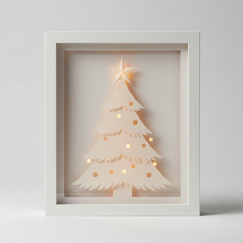 Layered paper-cut Christmas tree shadow box with ornament cutouts glowing warmly