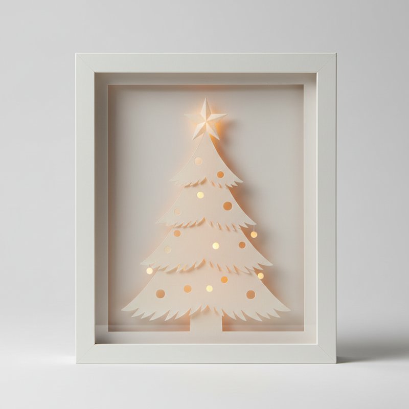 Layered paper-cut Christmas tree shadow box with ornament cutouts glowing warmly