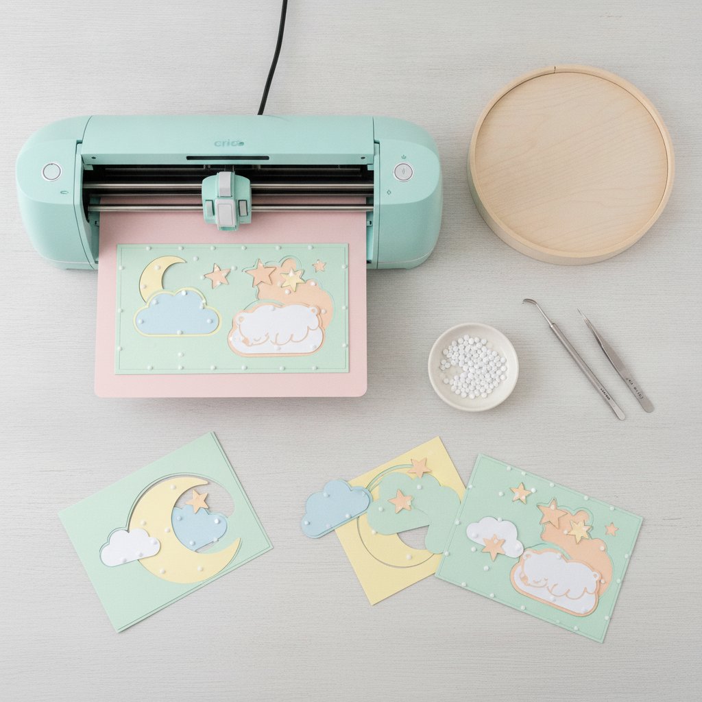 A craft workspace with a cutting machine, cut pastel cardstock layers, foam dots and tools for assembling a nursery shadow box