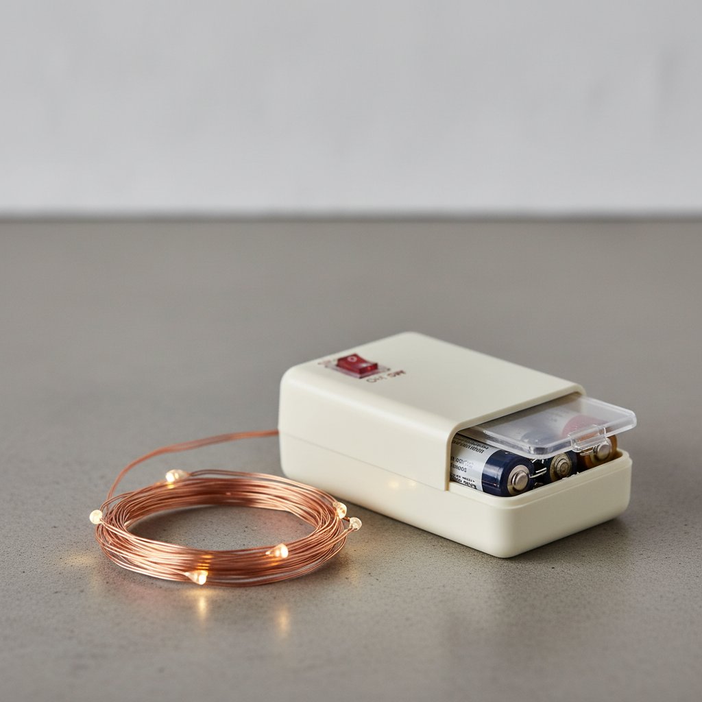 Battery-operated LED fairy light battery pack with an on/off switch and AA batteries beside coiled copper wire