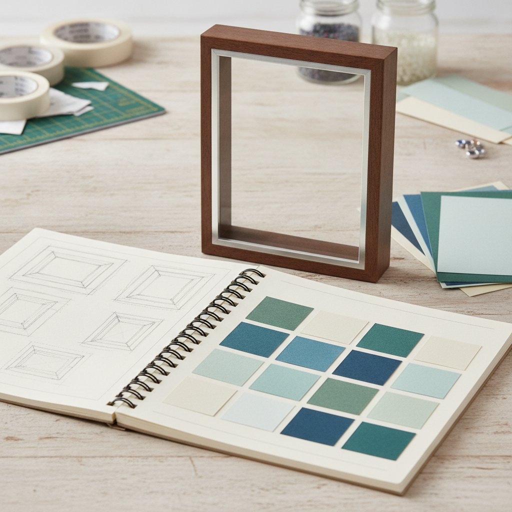 An open planning notebook with hand-drawn shadow box layer sketches beside cardstock color swatches for sizing a project up front