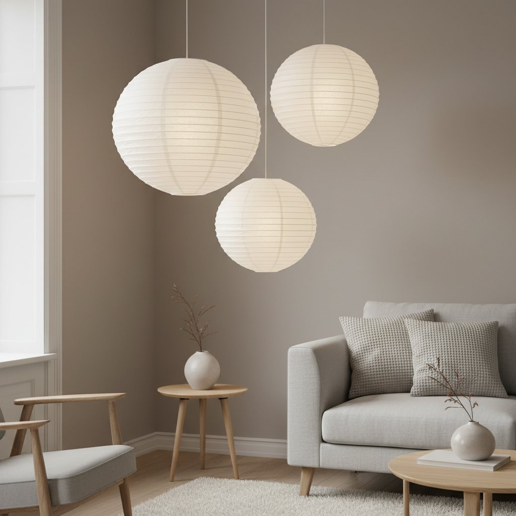 Cluster of three white paper lanterns hanging at staggered heights in a living room corner