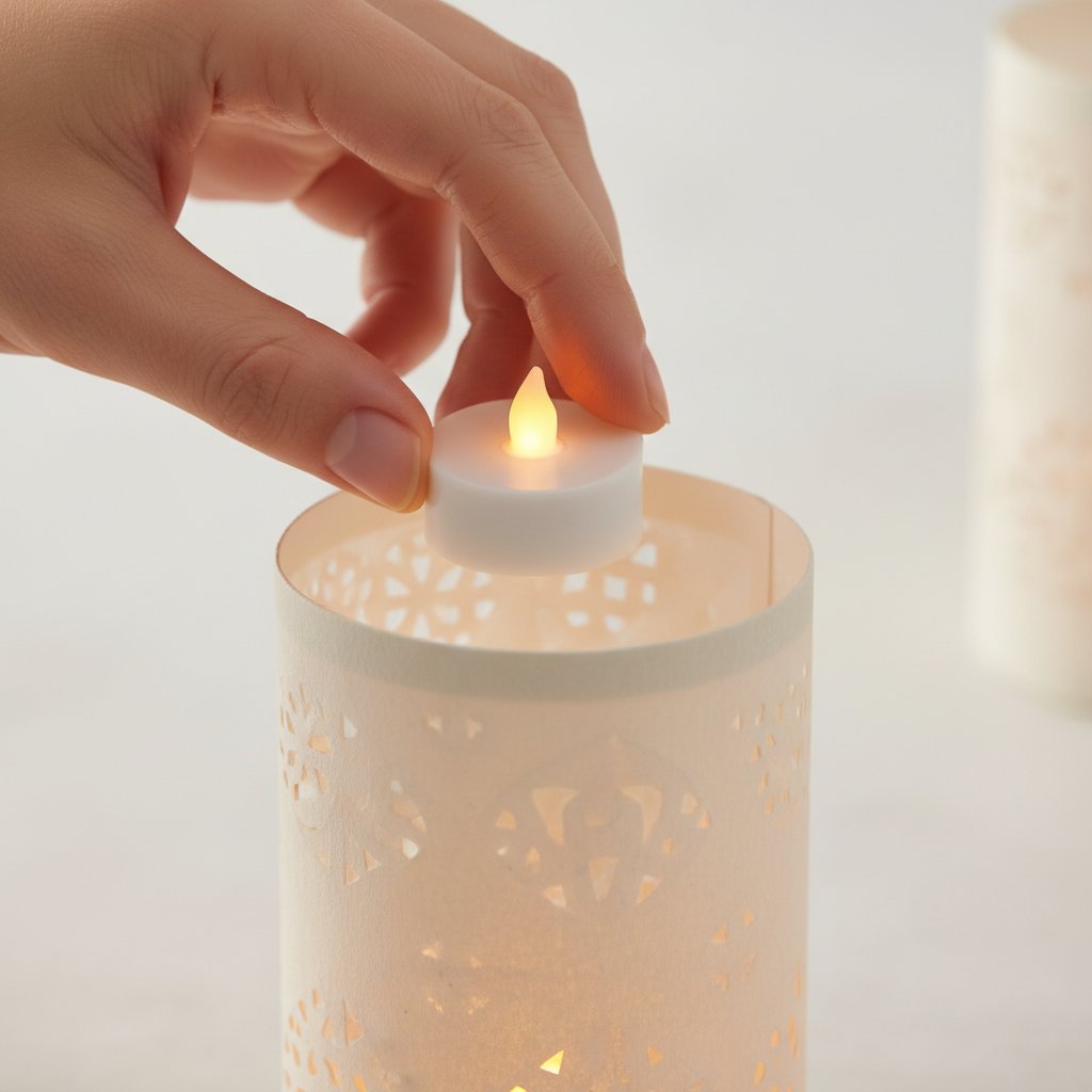 Placing a flameless battery LED tea light inside a paper lantern for safe lighting