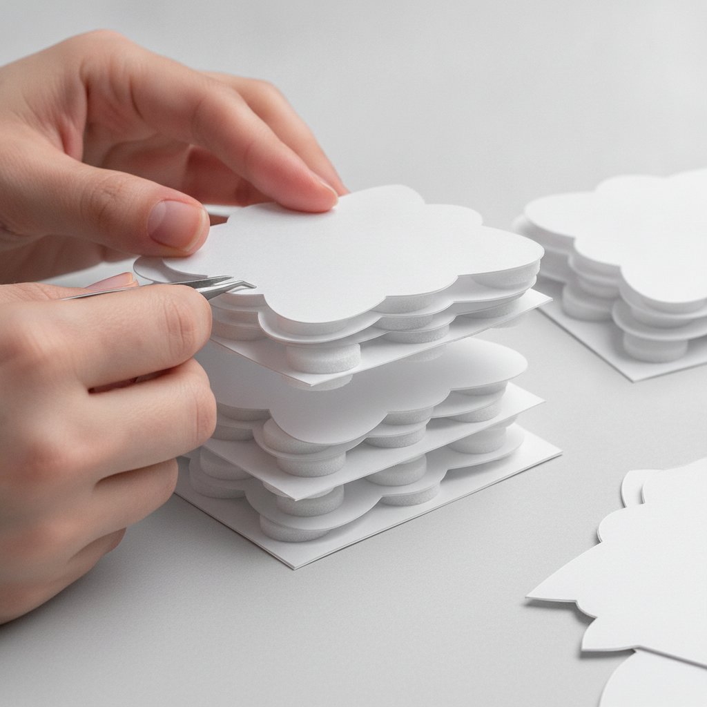 Hands assembling a layered paper cut shadow box stacking precisely cut white cardstock layers with small foam spacers between them