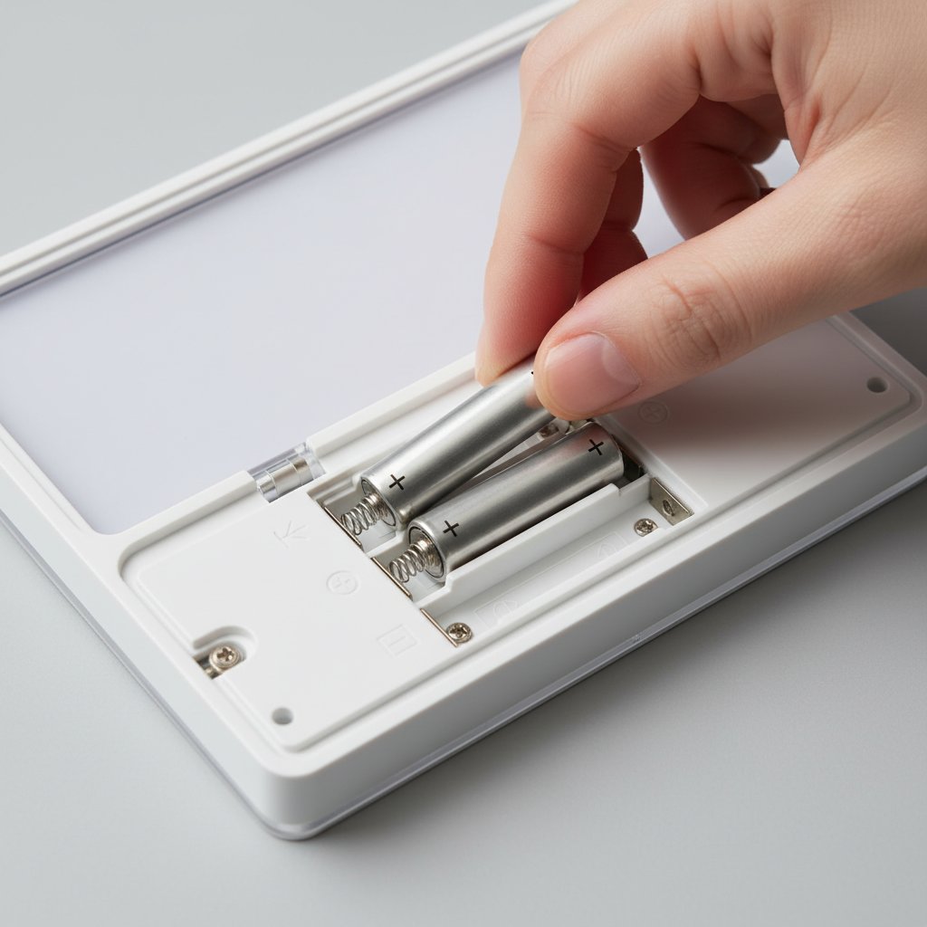 Fingers inserting fresh AA batteries into an open LED light battery pack compartment observing polarity