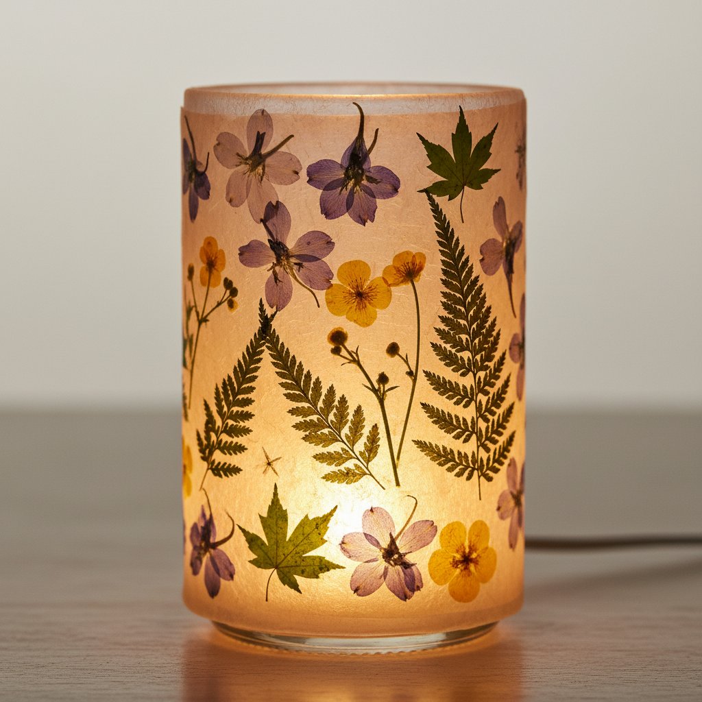 Wax paper lantern with pressed flowers glowing like stained glass around a jar