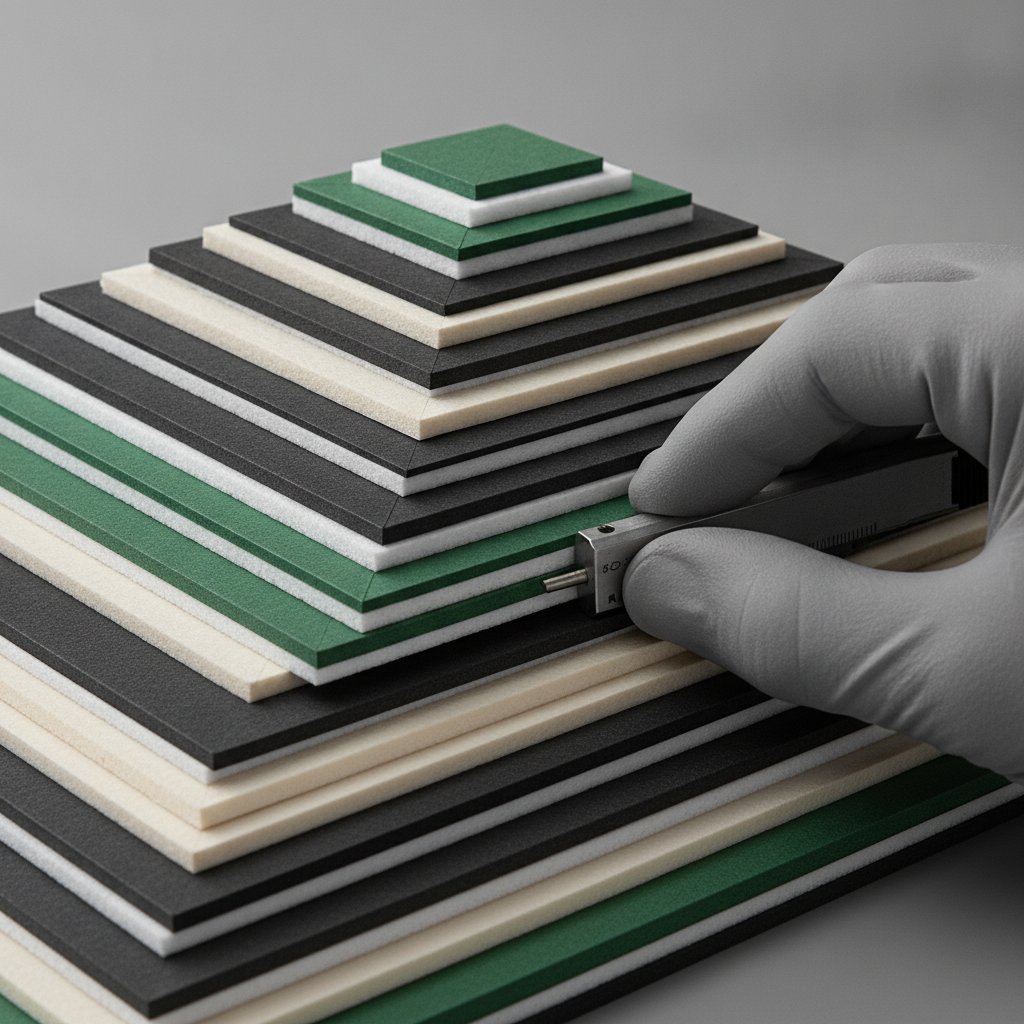 A dry-fit test stack of cut cardstock papercut layers separated by foam spacers being checked for depth