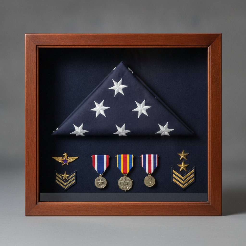 A traditional deep shadow box displaying military medals, badges, rank insignia and a folded flag behind glass in a wooden frame