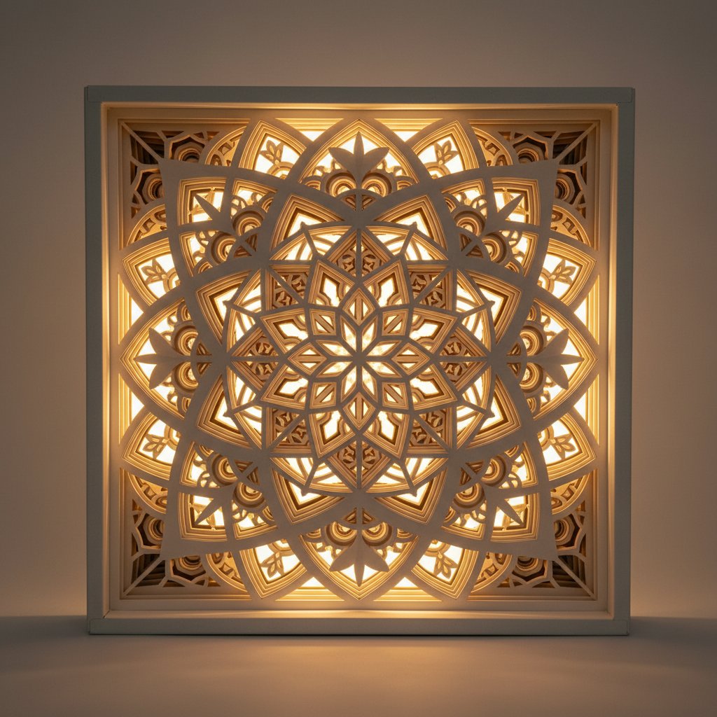 Symmetrical geometric mandala layered paper-cut shadow box glowing with a circular LED