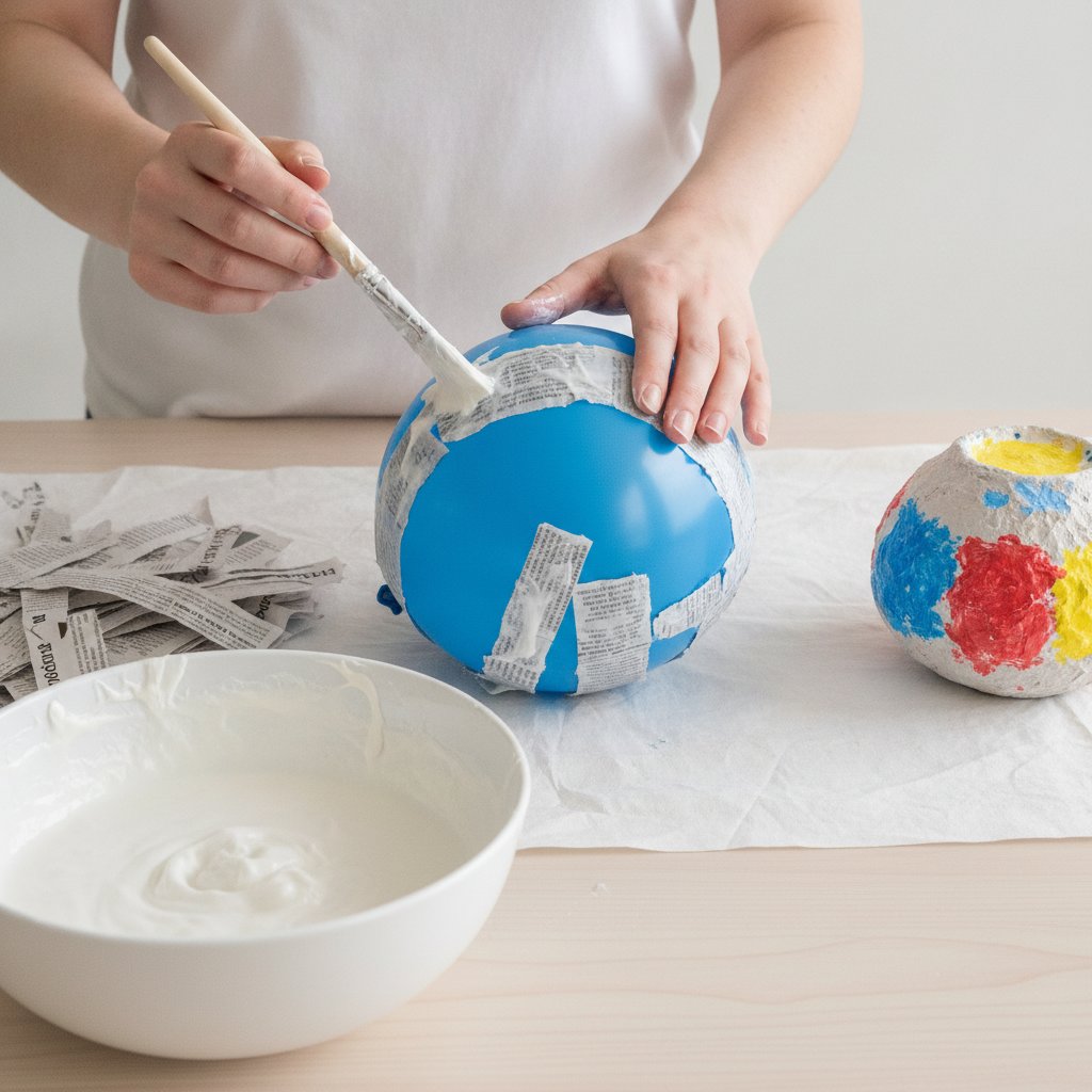 Paper mache basics demonstration: torn newspaper strips being layered over a balloon form, with paste being applied