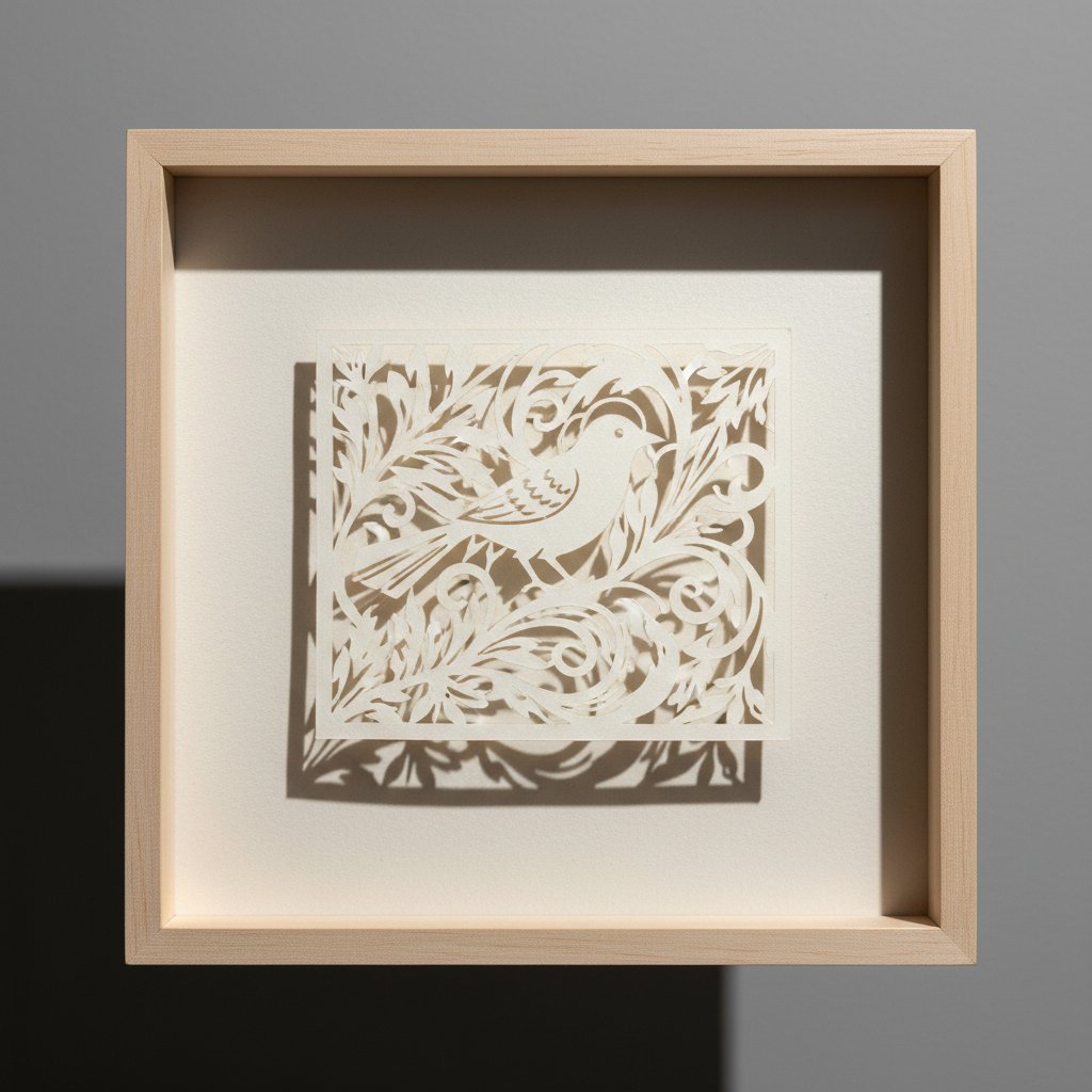 Papercut artwork float-mounted on a raised backing inside a deep glassless frame showing the shadow gap that makes it appear to hover