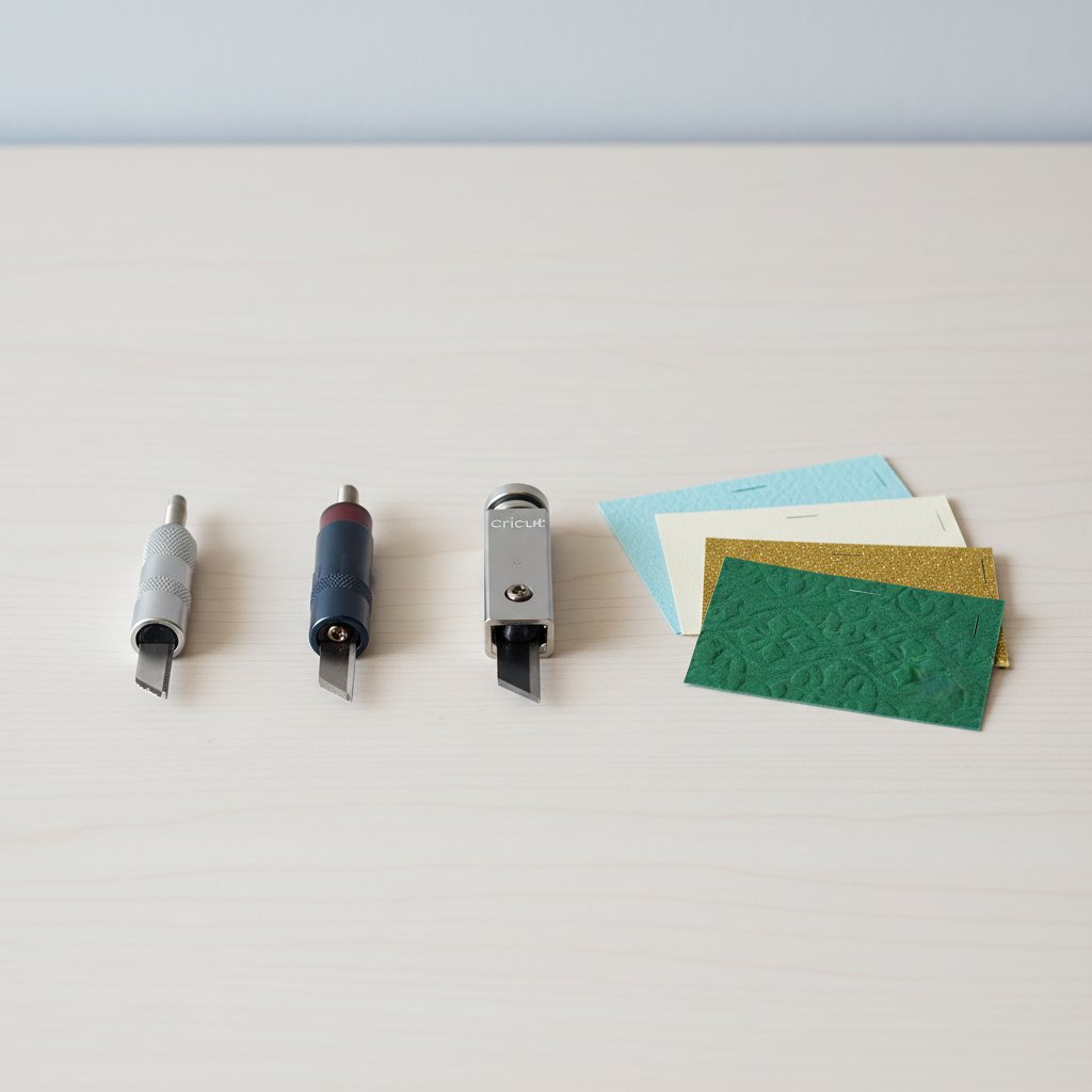 Three Cricut cutting blades lined up beside cardstock swatches of various weights for comparison