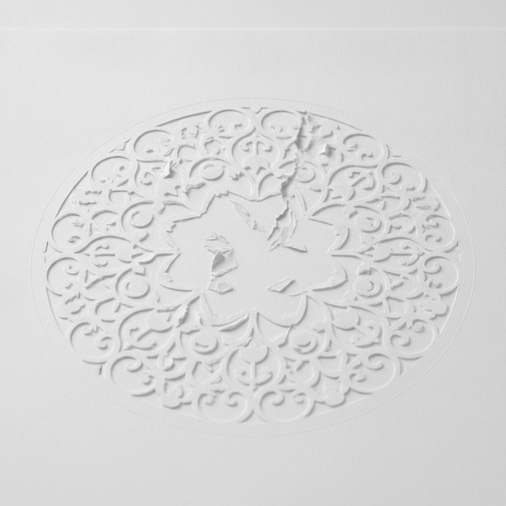 An overly intricate paper cut design on white cardstock torn during weeding with delicate broken bridges