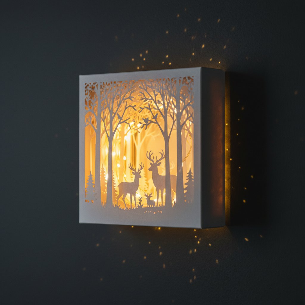 Illuminated layered paper-cut shadow box glowing warmly on a wall with fairy lights behind