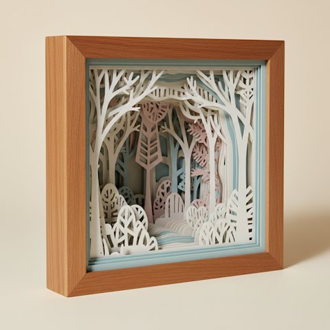 Deep layered paper-cut shadow box viewed at an angle showing paper layers receding into depth