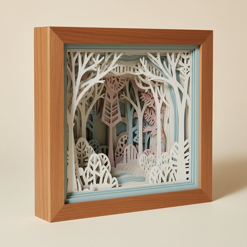 Deep layered paper-cut shadow box viewed at an angle showing paper layers receding into depth