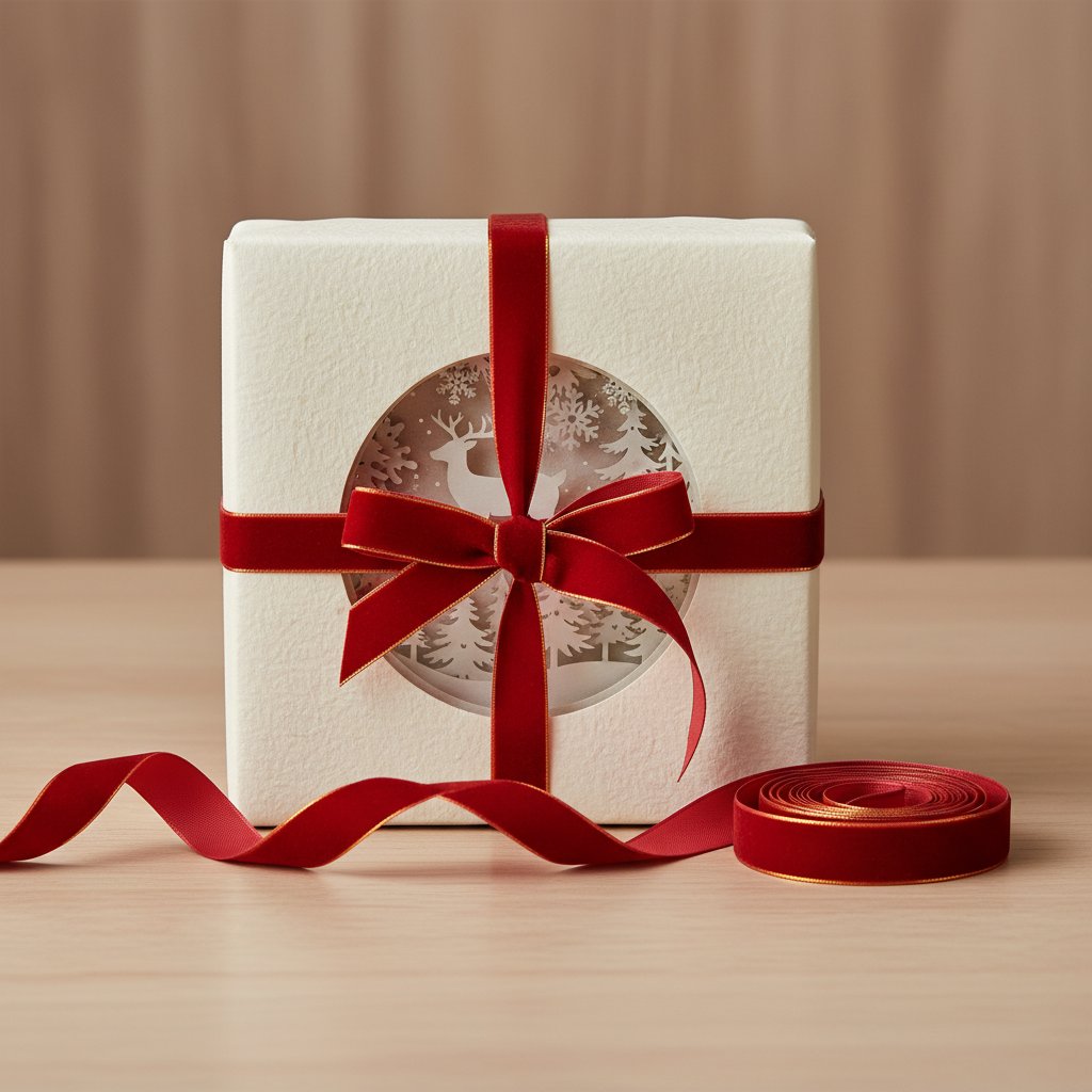 Finished handmade Christmas paper-cut shadow box wrapped as a personal gift with ribbon