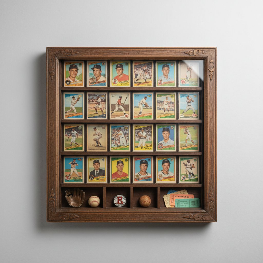 Vintage trading cards and collectibles shadow box display framed on a wall in a grid
