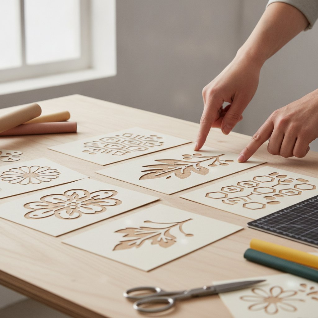 Several printed beginner-friendly paper cut shadow box design samples with simple floral and geometric patterns spread across a craft table