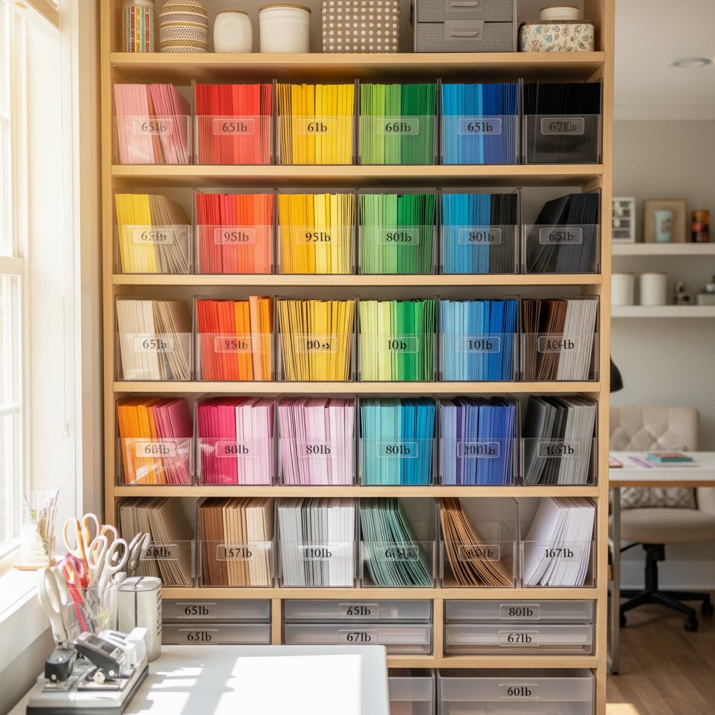 Organized cardstock storage showing rainbow-ordered filing system with labeled dividers by weight
