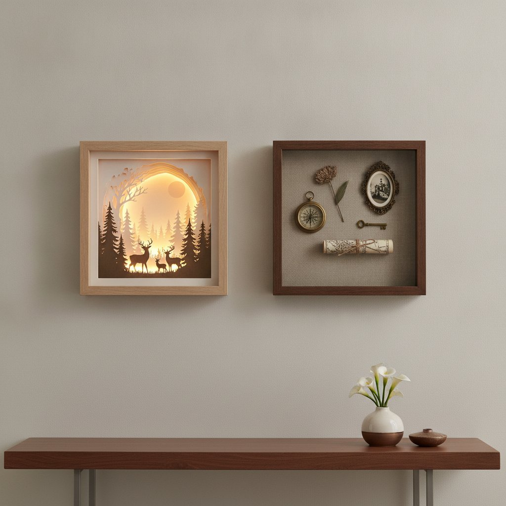 A finished illuminated papercut shadow box and a traditional framed memorabilia shadow box displayed together on a living room wall