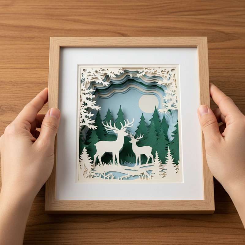 Hands centering an assembled layered paper-cut shadow box onto a white frame backing board with even margins