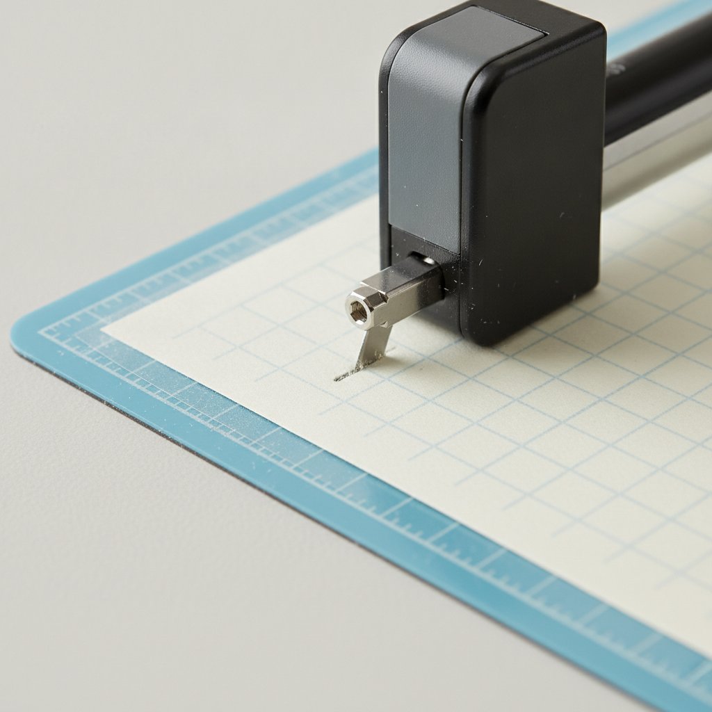 Cutting machine blade housing beside an adhesive cutting mat with cardstock pressed onto it